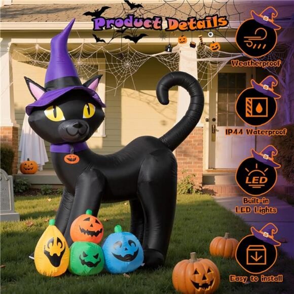 6FT Halloween Inflatable Black Cat with Witch Hat and 4 Colorful Pumpkins - Picture 4 of 7